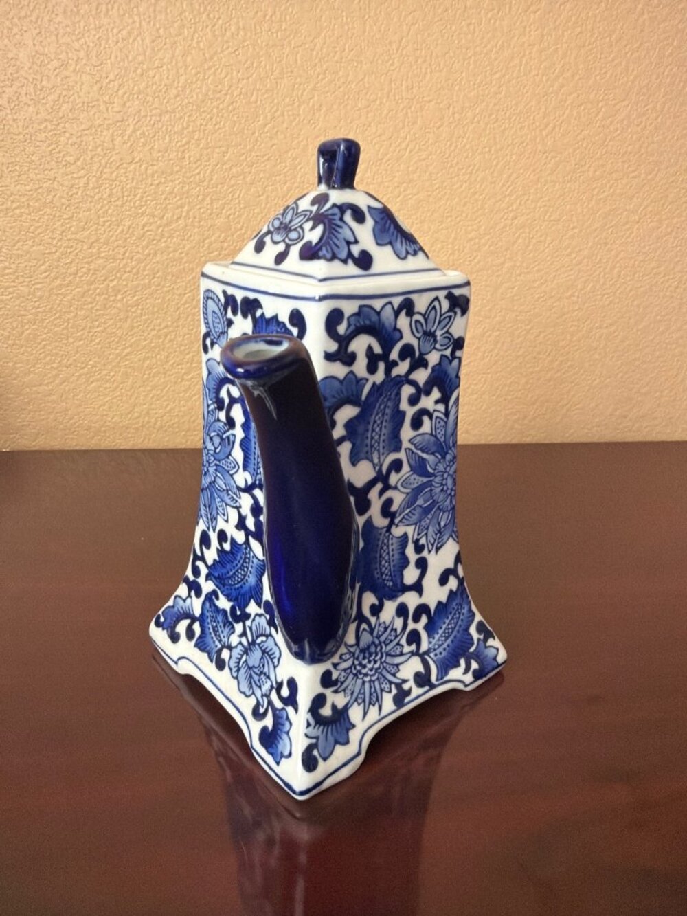 Vintage Blue White Ceramic Teapot Chinoiserie Floral Square Decor 9.5" - Picture 2 of 12